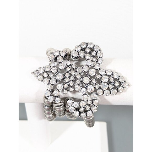Silver Tone Fleur De Lis Rhinestone Five Row Bead Statement Bracelet 7" - Picture 1 of 7